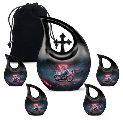 Indigo Bike Cremation Urn urn with complimentary velvet bag - cross and bike combined in spiritual memorial design - memorial set with one large and four small urns