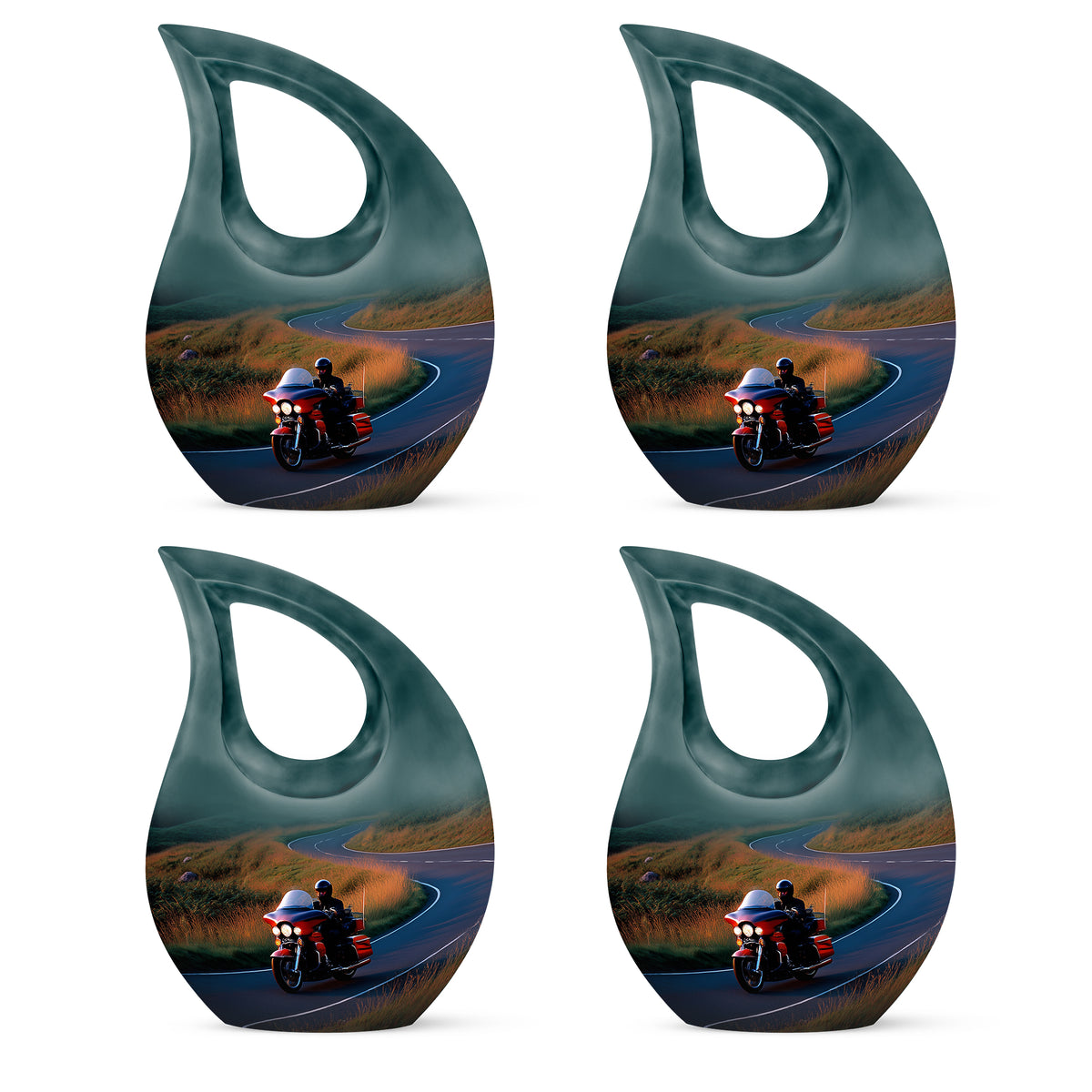Azure Bike Cremation Urn lifestyle display on memorial shelf - cross and bike combined in spiritual memorial design - 10 inch aluminum urn for cremated remains