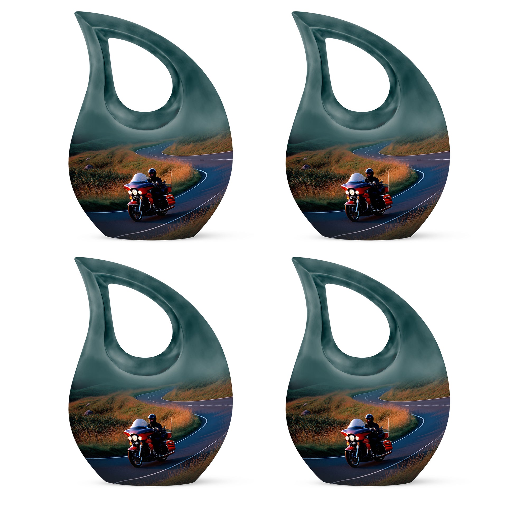 Azure Bike Cremation Urn lifestyle display on memorial shelf - cross and bike combined in spiritual memorial design - 10 inch aluminum urn for cremated remains