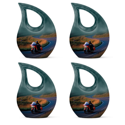 Azure Bike Cremation Urn lifestyle display on memorial shelf - cross and bike combined in spiritual memorial design - 10 inch aluminum urn for cremated remains