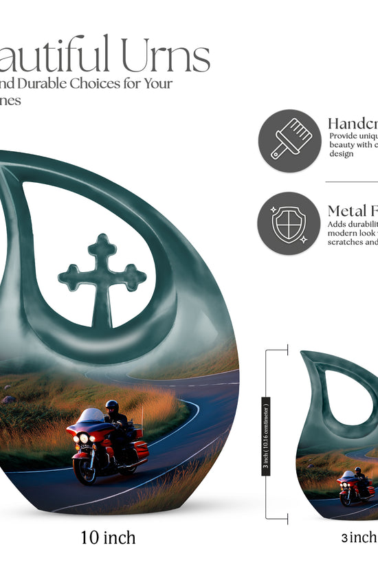 Pastel Blue Bike Cremation Urn back view with polished surface - cross and bike combined in spiritual memorial design - mini keepsake memorial for portion of cremation ashes