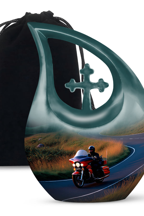 Azure Bike Cremation Urn top-down view of secure threaded lid - sacred cross merged with bike motif on metal - full-size 10 inch 200 cubic inch adult cremation urn