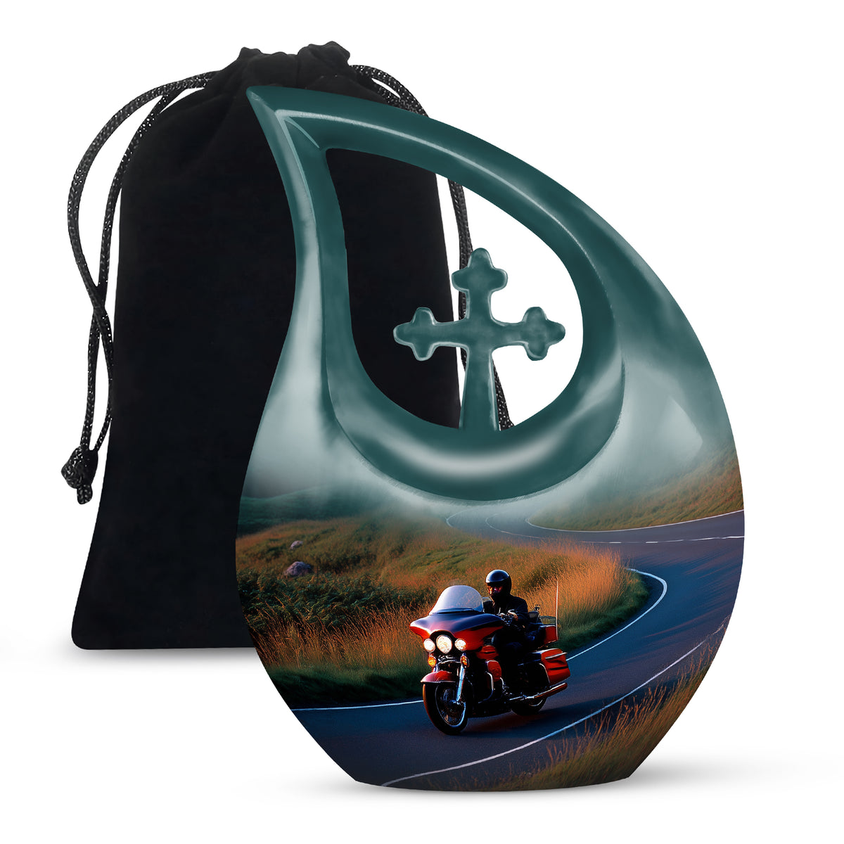 Azure Bike Cremation Urn top-down view of secure threaded lid - sacred cross merged with bike motif on metal - full-size 10 inch 200 cubic inch adult cremation urn