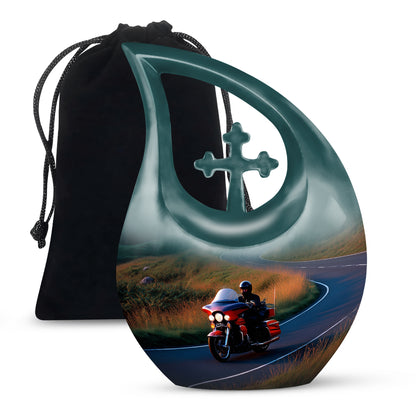 Azure Bike Cremation Urn top-down view of secure threaded lid - sacred cross merged with bike motif on metal - full-size 10 inch 200 cubic inch adult cremation urn