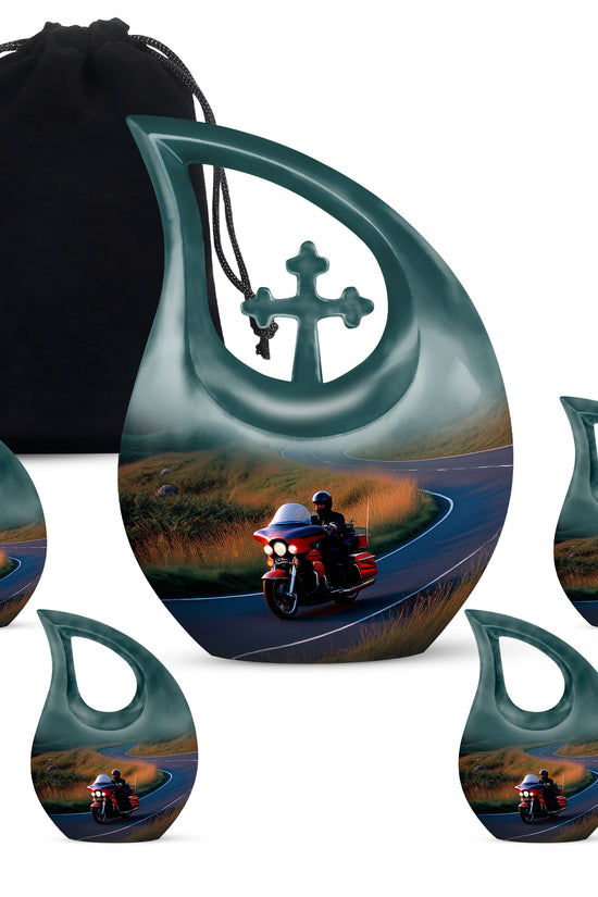 Twilight Blue Bike Cremation Urn urn with complimentary velvet bag - devotional cross-drop bike engraving - memorial set with one large and four small urns