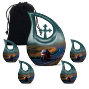Twilight Blue Bike Cremation Urn urn with complimentary velvet bag - devotional cross-drop bike engraving - memorial set with one large and four small urns