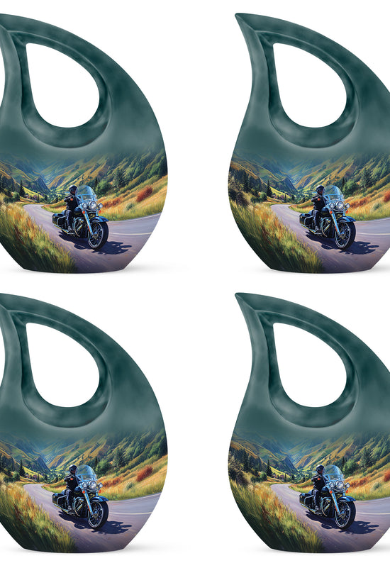 Pastel Blue Bike Cremation Urn lifestyle display on memorial shelf - cross and bike combined in spiritual memorial design - 10 inch aluminum urn for cremated remains