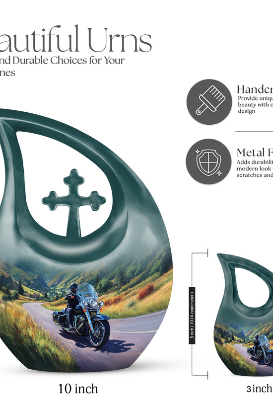 Steel Blue Bike Cremation Urn back view with polished surface - devotional cross-drop bike engraving - mini keepsake memorial for portion of cremation ashes