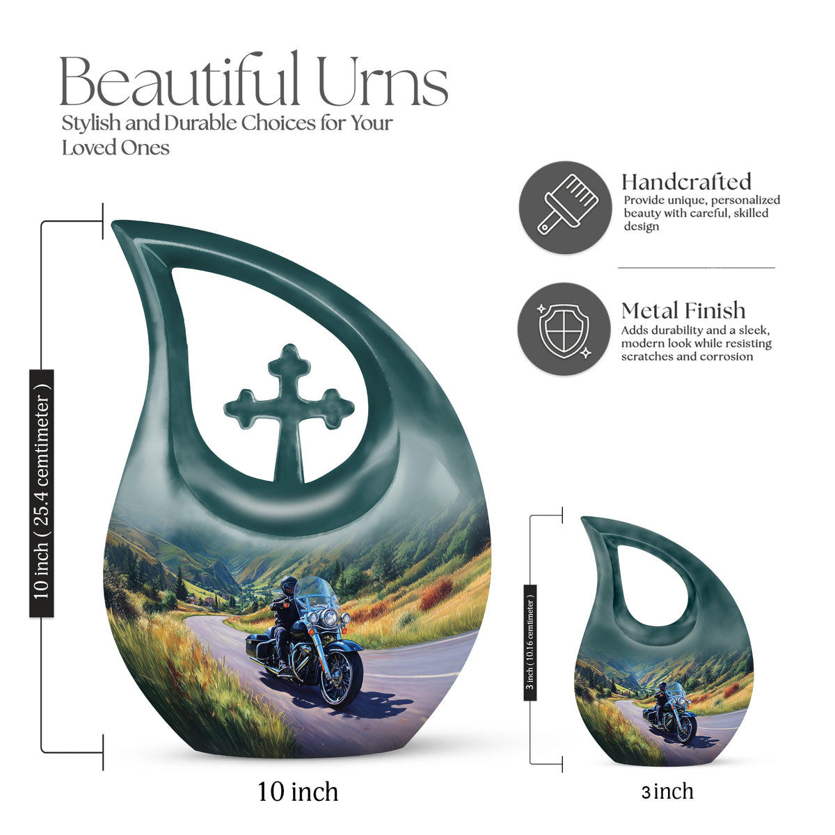 Steel Blue Bike Cremation Urn back view with polished surface - devotional cross-drop bike engraving - mini keepsake memorial for portion of cremation ashes