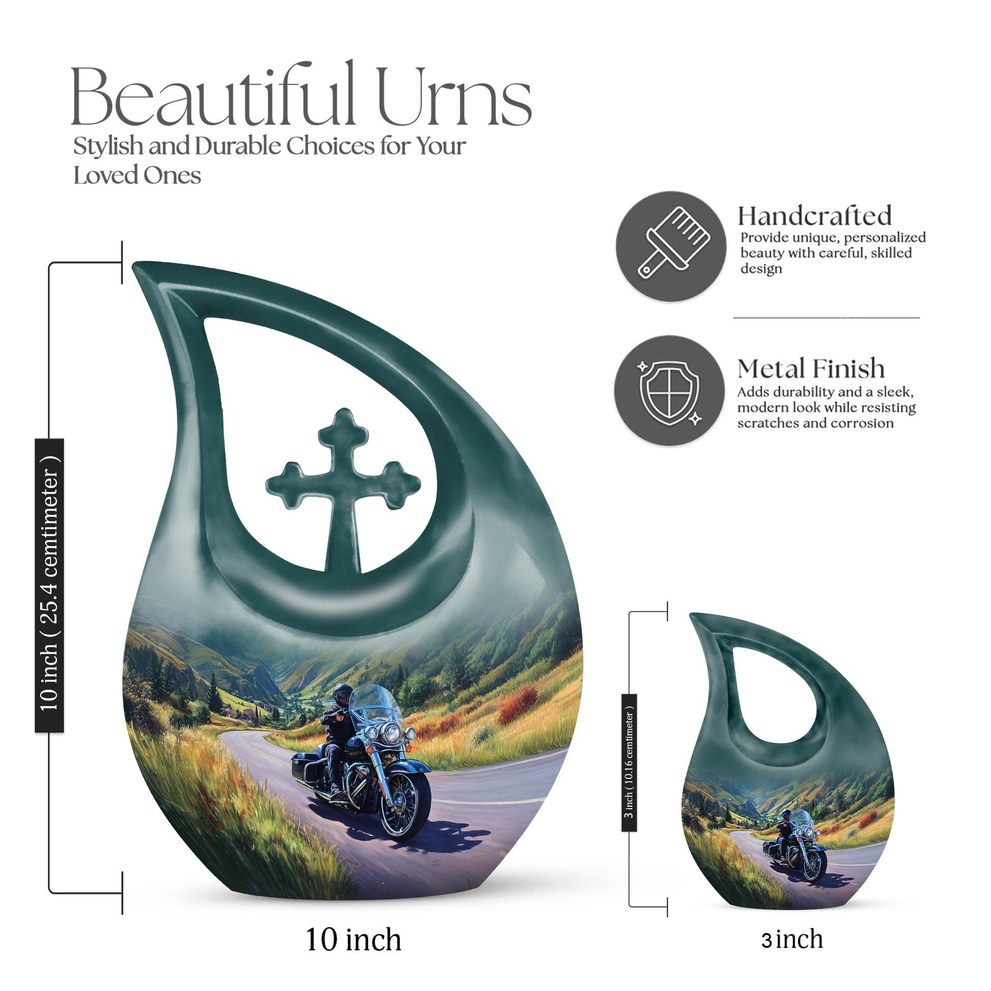 Steel Blue Bike Cremation Urn back view with polished surface - devotional cross-drop bike engraving - mini keepsake memorial for portion of cremation ashes
