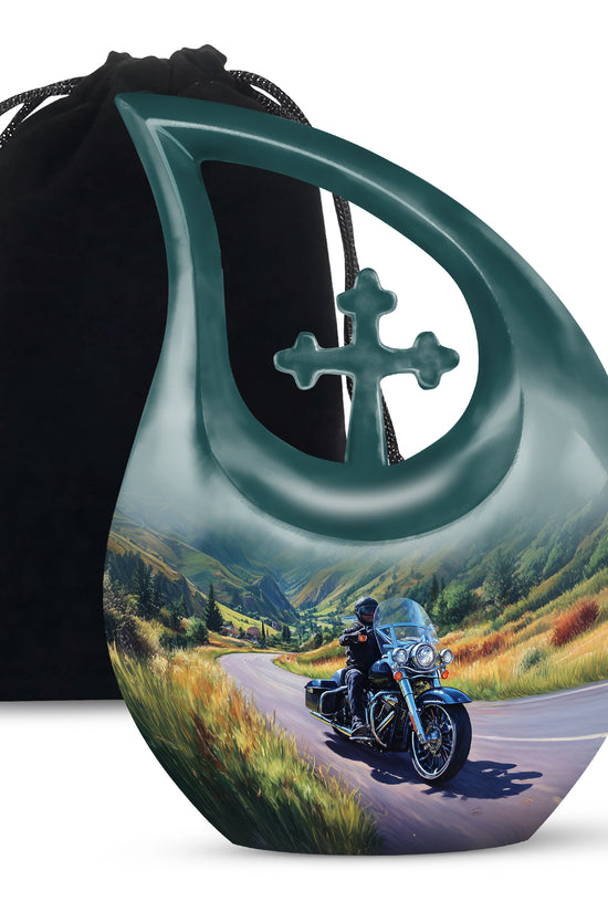 Sky Blue Bike Cremation Urn top-down view of secure threaded lid - cross and bike combined in spiritual memorial design - full-size 10 inch 200 cubic inch adult cremation urn