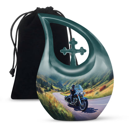 Sky Blue Bike Cremation Urn top-down view of secure threaded lid - cross and bike combined in spiritual memorial design - full-size 10 inch 200 cubic inch adult cremation urn
