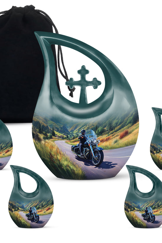 Indigo Bike Cremation Urn urn with complimentary velvet bag - sacred cross merged with bike motif on metal - memorial set with one large and four small urns