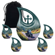 Indigo Bike Cremation Urn urn with complimentary velvet bag - sacred cross merged with bike motif on metal - memorial set with one large and four small urns