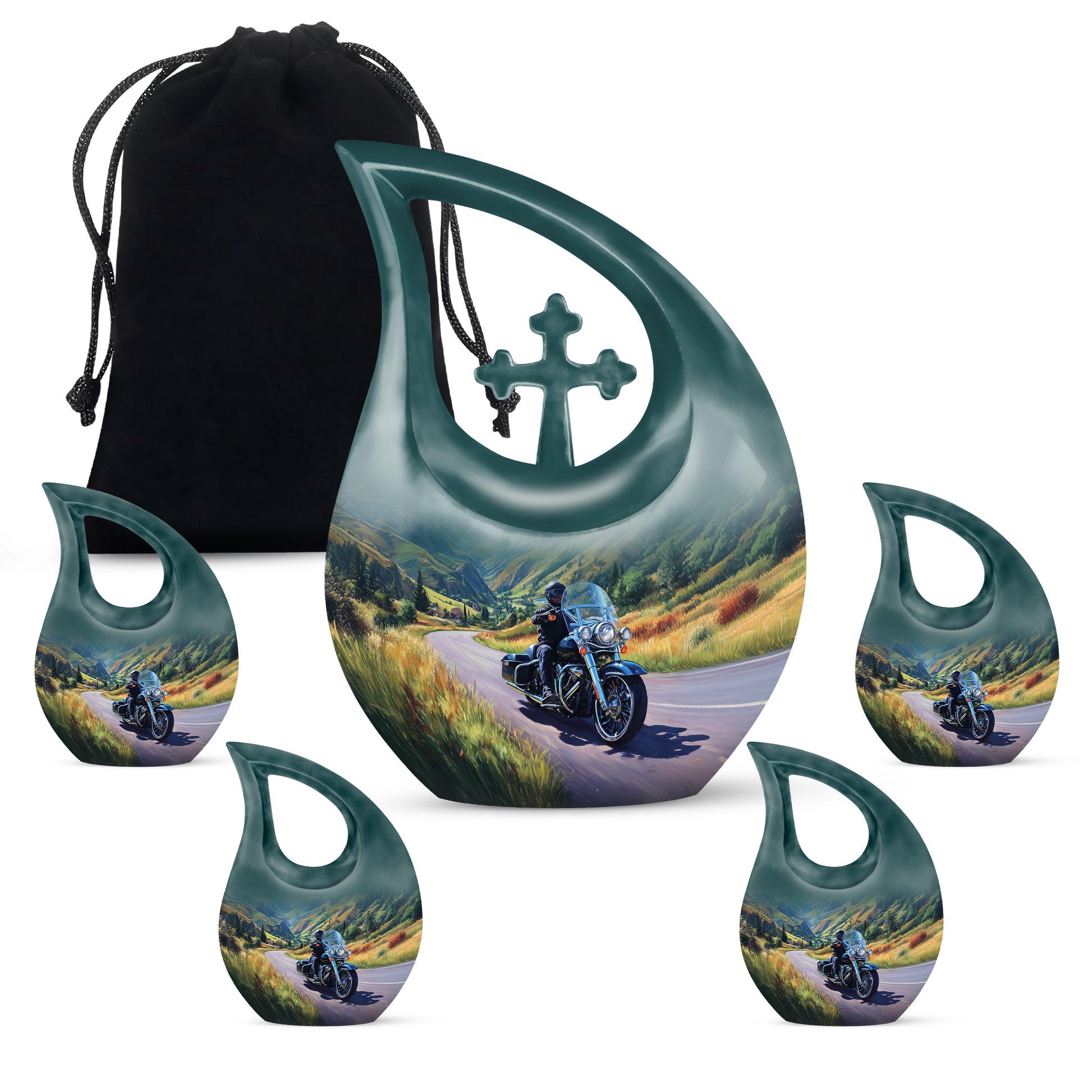 Indigo Bike Cremation Urn urn with complimentary velvet bag - sacred cross merged with bike motif on metal - memorial set with one large and four small urns
