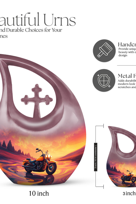 Salmon Pink Bike Cremation Urn back view with polished surface - devotional cross-drop bike engraving - mini keepsake memorial for portion of cremation ashes