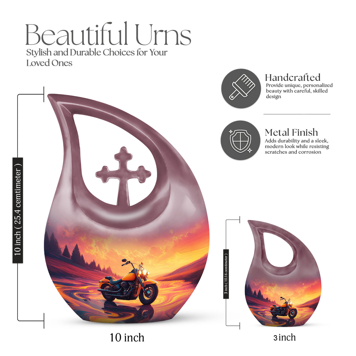 Salmon Pink Bike Cremation Urn back view with polished surface - devotional cross-drop bike engraving - mini keepsake memorial for portion of cremation ashes