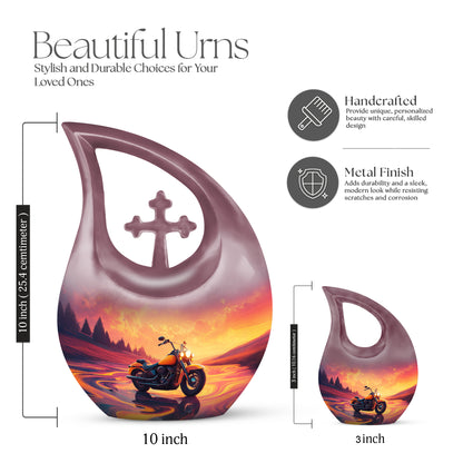 Salmon Pink Bike Cremation Urn back view with polished surface - devotional cross-drop bike engraving - mini keepsake memorial for portion of cremation ashes