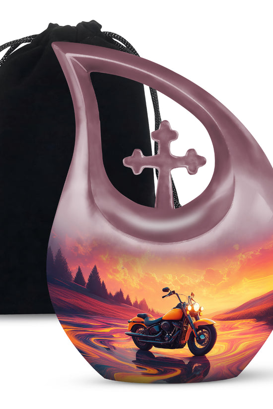 Soft Pink Bike Cremation Urn top-down view of secure threaded lid - devotional cross-drop bike engraving - full-size 10 inch 200 cubic inch adult cremation urn