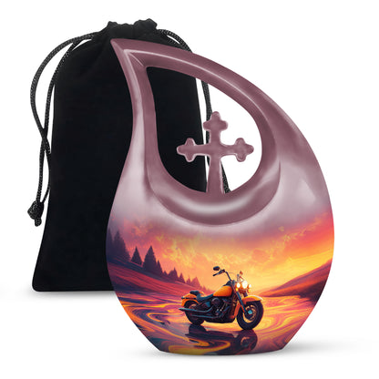Soft Pink Bike Cremation Urn top-down view of secure threaded lid - devotional cross-drop bike engraving - full-size 10 inch 200 cubic inch adult cremation urn