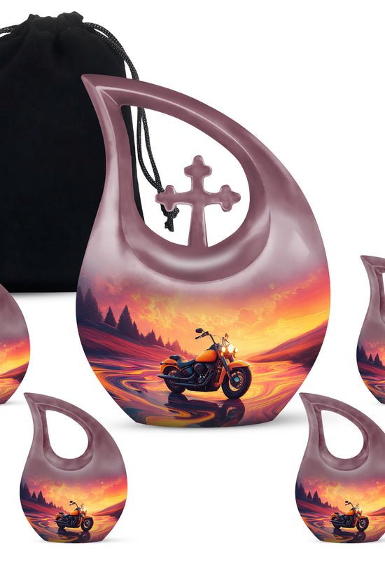Petal Pink Bike Cremation Urn urn with complimentary velvet bag - devotional cross-drop bike engraving - memorial set with one large and four small urns