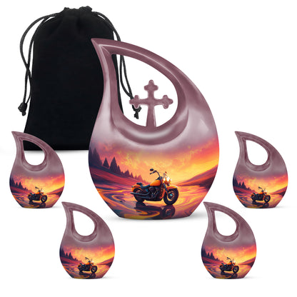 Petal Pink Bike Cremation Urn urn with complimentary velvet bag - devotional cross-drop bike engraving - memorial set with one large and four small urns