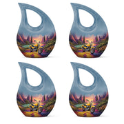 Icy Blue Bike Cremation Urn lifestyle display on memorial shelf - sacred cross merged with bike motif on metal - 10 inch aluminum urn for cremated remains