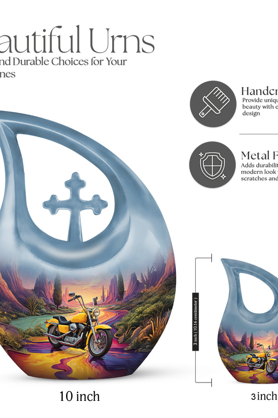 Slate Blue Bike Cremation Urn back view with polished surface - cross and bike combined in spiritual memorial design - mini keepsake memorial for portion of cremation ashes