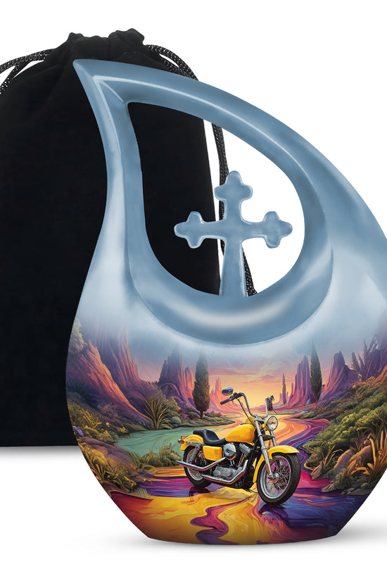 Sky Blue Bike Cremation Urn top-down view of secure threaded lid - sacred cross merged with bike motif on metal - full-size 10 inch 200 cubic inch adult cremation urn