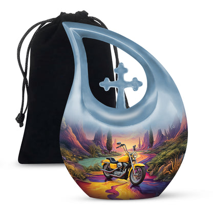 Sky Blue Bike Cremation Urn top-down view of secure threaded lid - sacred cross merged with bike motif on metal - full-size 10 inch 200 cubic inch adult cremation urn
