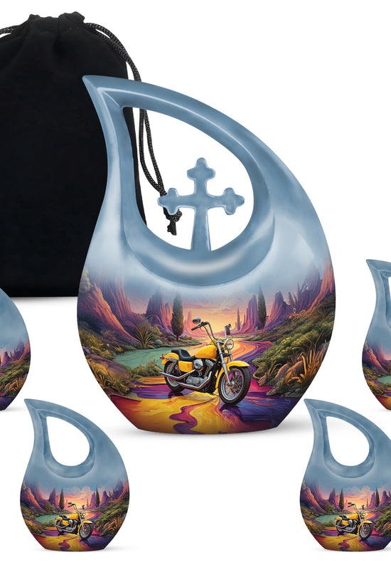 Misty Blue Bike Cremation Urn urn with complimentary velvet bag - sacred cross merged with bike motif on metal - memorial set with one large and four small urns