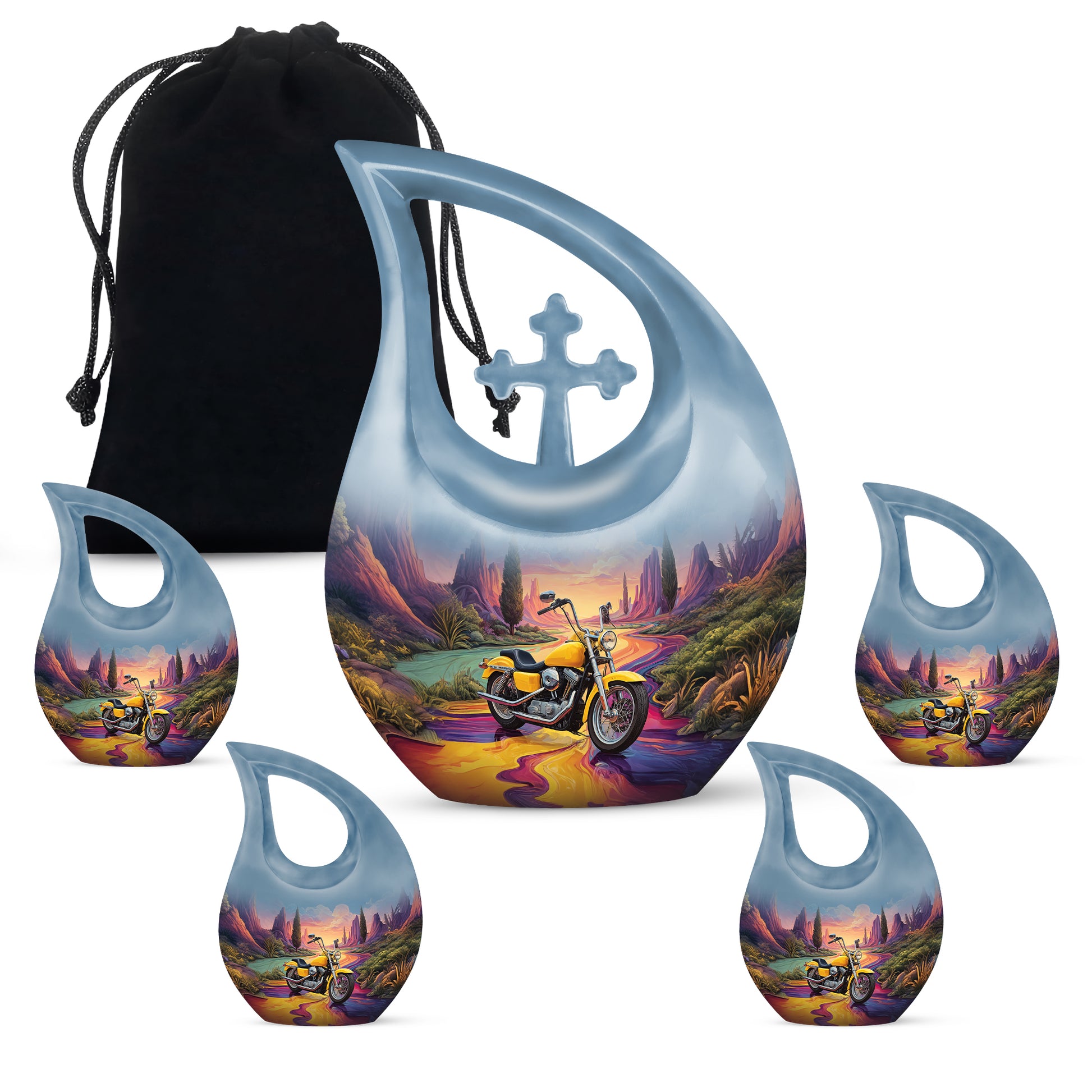Misty Blue Bike Cremation Urn urn with complimentary velvet bag - sacred cross merged with bike motif on metal - memorial set with one large and four small urns