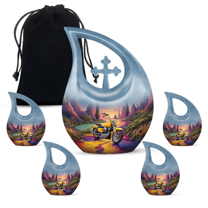 Misty Blue Bike Cremation Urn urn with complimentary velvet bag - sacred cross merged with bike motif on metal - memorial set with one large and four small urns