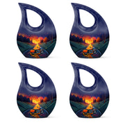 Orchid Purple Bike Cremation Urn lifestyle display on memorial shelf - sacred cross merged with bike motif on metal - 10 inch aluminum urn for cremated remains