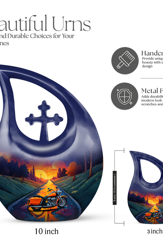 Plum Purple Bike Cremation Urn back view with polished surface - cross and bike combined in spiritual memorial design - mini keepsake memorial for portion of cremation ashes