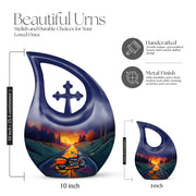 Plum Purple Bike Cremation Urn back view with polished surface - cross and bike combined in spiritual memorial design - mini keepsake memorial for portion of cremation ashes