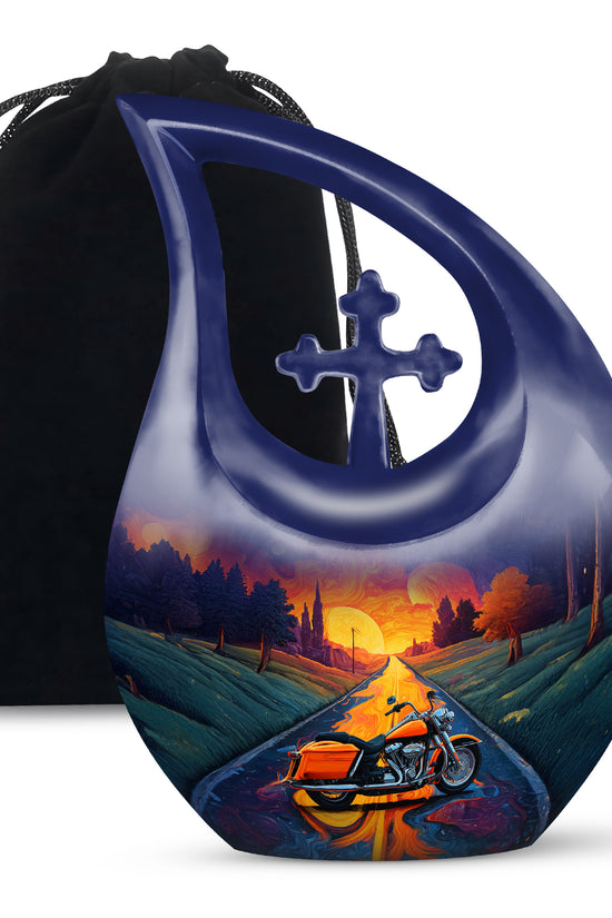 Royal Purple Bike Cremation Urn top-down view of secure threaded lid - faith-inspired cross-drop urn with bike pattern - full-size 10 inch 200 cubic inch adult cremation urn