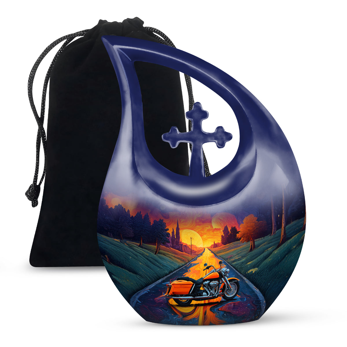 Royal Purple Bike Cremation Urn top-down view of secure threaded lid - faith-inspired cross-drop urn with bike pattern - full-size 10 inch 200 cubic inch adult cremation urn