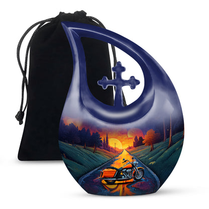 Royal Purple Bike Cremation Urn top-down view of secure threaded lid - faith-inspired cross-drop urn with bike pattern - full-size 10 inch 200 cubic inch adult cremation urn