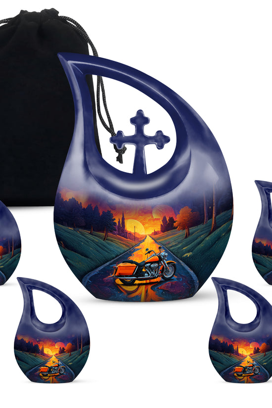 Twilight Purple Bike Cremation Urn urn with complimentary velvet bag - faith-inspired cross-drop urn with bike pattern - memorial set with one large and four small urns