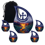 Twilight Purple Bike Cremation Urn urn with complimentary velvet bag - faith-inspired cross-drop urn with bike pattern - memorial set with one large and four small urns