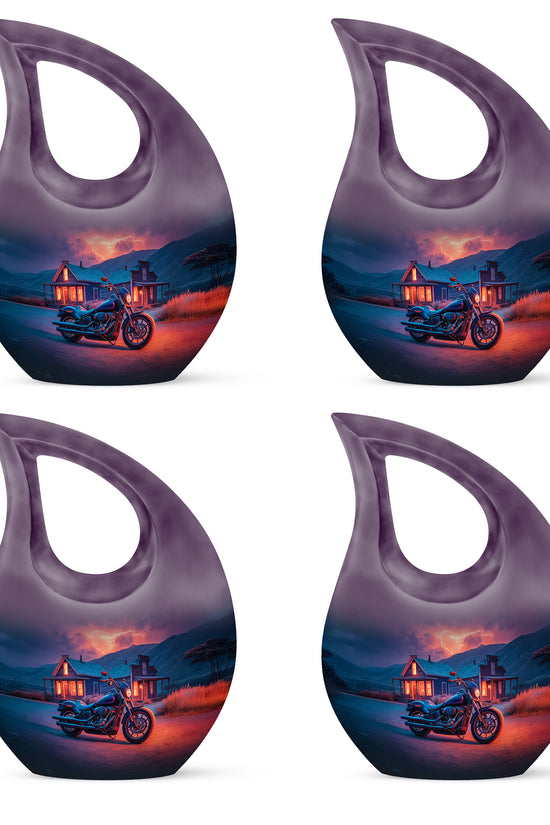 Navy Blue Bike Cremation Urn lifestyle display on memorial shelf - sacred cross merged with bike motif on metal - 10 inch aluminum urn for cremated remains