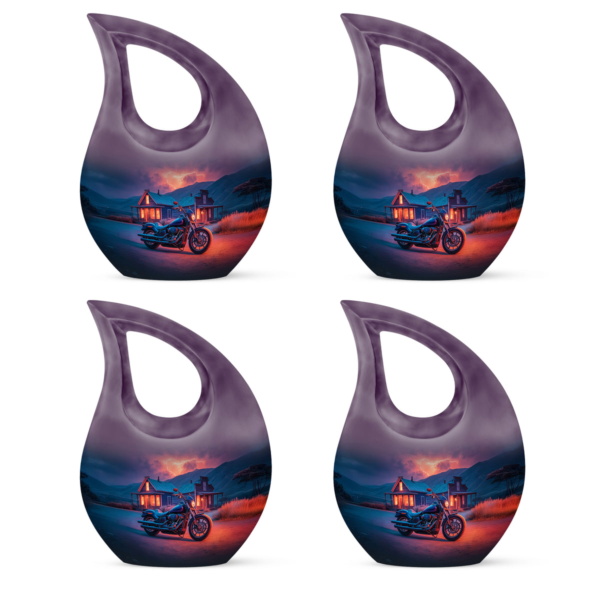 Navy Blue Bike Cremation Urn lifestyle display on memorial shelf - sacred cross merged with bike motif on metal - 10 inch aluminum urn for cremated remains