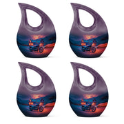 Navy Blue Bike Cremation Urn lifestyle display on memorial shelf - sacred cross merged with bike motif on metal - 10 inch aluminum urn for cremated remains