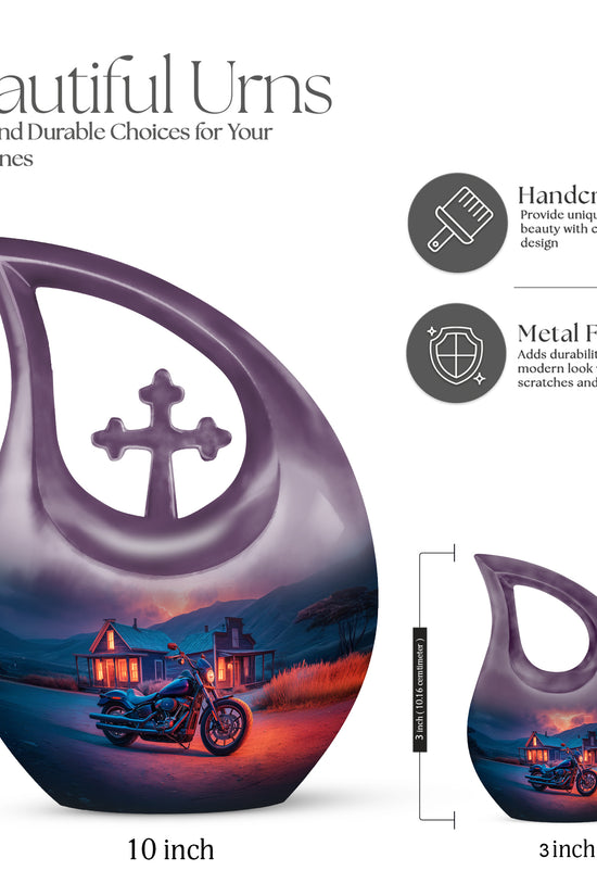 Royal Blue Bike Cremation Urn back view with polished surface - devotional cross-drop bike engraving - mini keepsake memorial for portion of cremation ashes