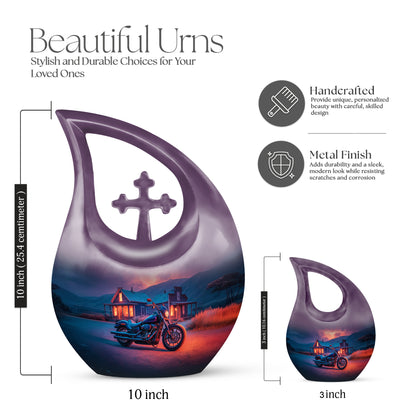 Royal Blue Bike Cremation Urn back view with polished surface - devotional cross-drop bike engraving - mini keepsake memorial for portion of cremation ashes