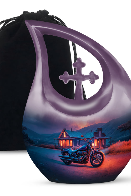 Slate Blue Bike Cremation Urn top-down view of secure threaded lid - cross and bike combined in spiritual memorial design - full-size 10 inch 200 cubic inch adult cremation urn