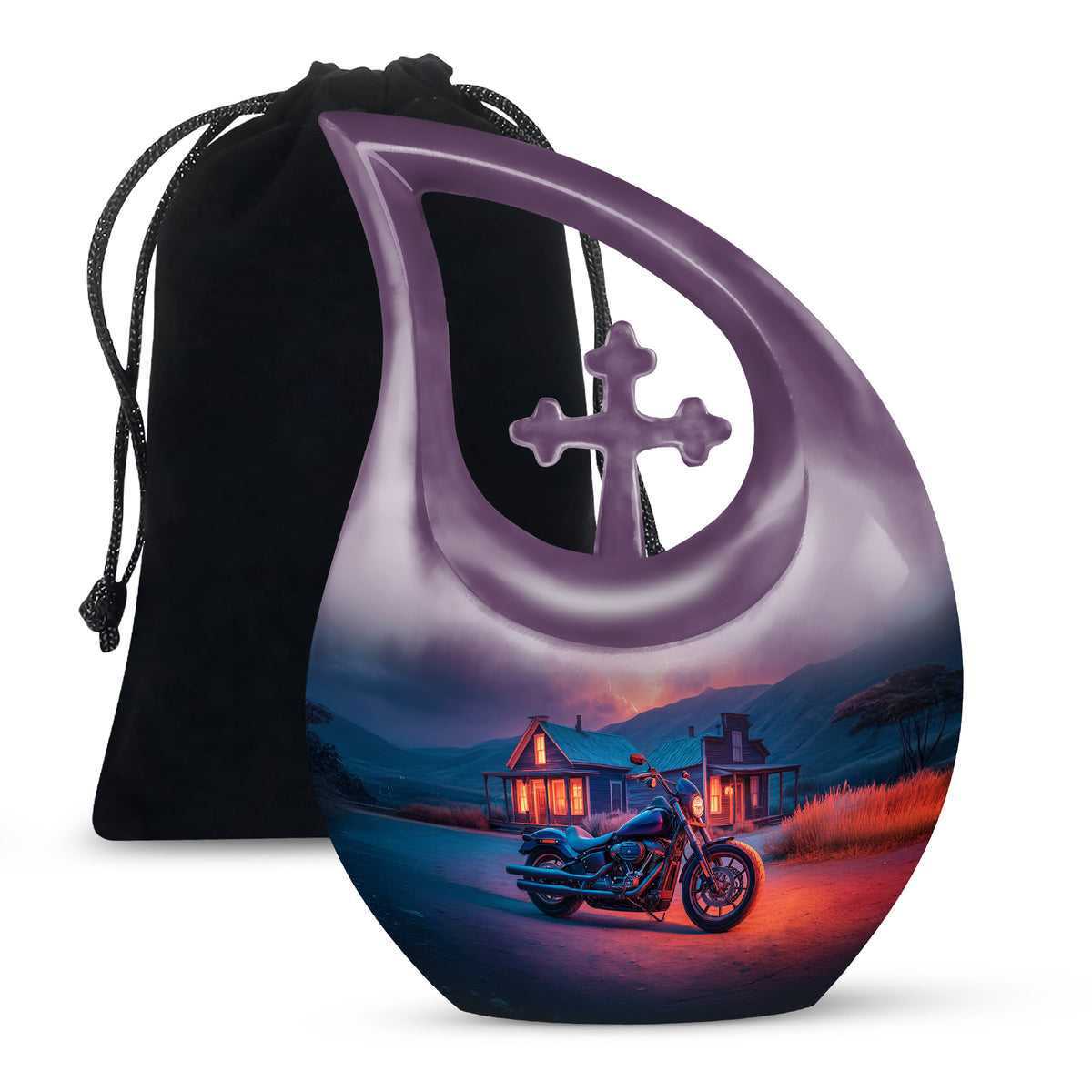Slate Blue Bike Cremation Urn top-down view of secure threaded lid - cross and bike combined in spiritual memorial design - full-size 10 inch 200 cubic inch adult cremation urn