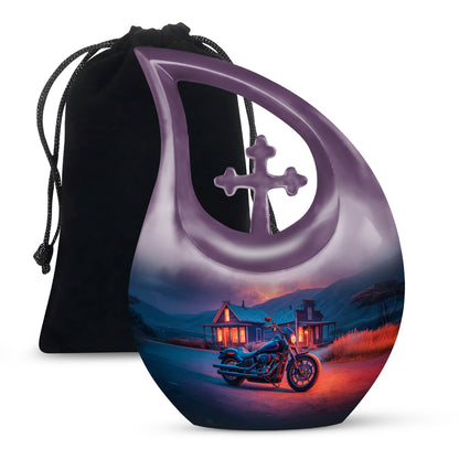 Slate Blue Bike Cremation Urn top-down view of secure threaded lid - cross and bike combined in spiritual memorial design - full-size 10 inch 200 cubic inch adult cremation urn