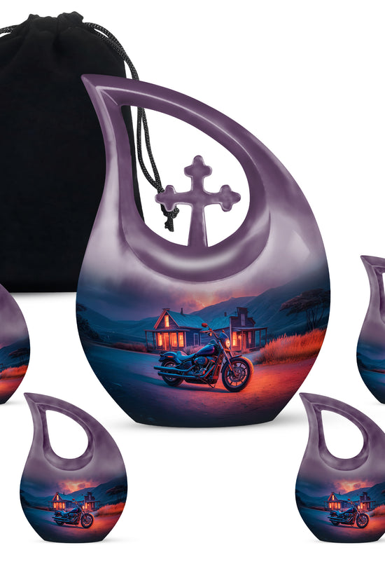 Misty Blue Bike Cremation Urn urn with complimentary velvet bag - sacred cross merged with bike motif on metal - memorial set with one large and four small urns